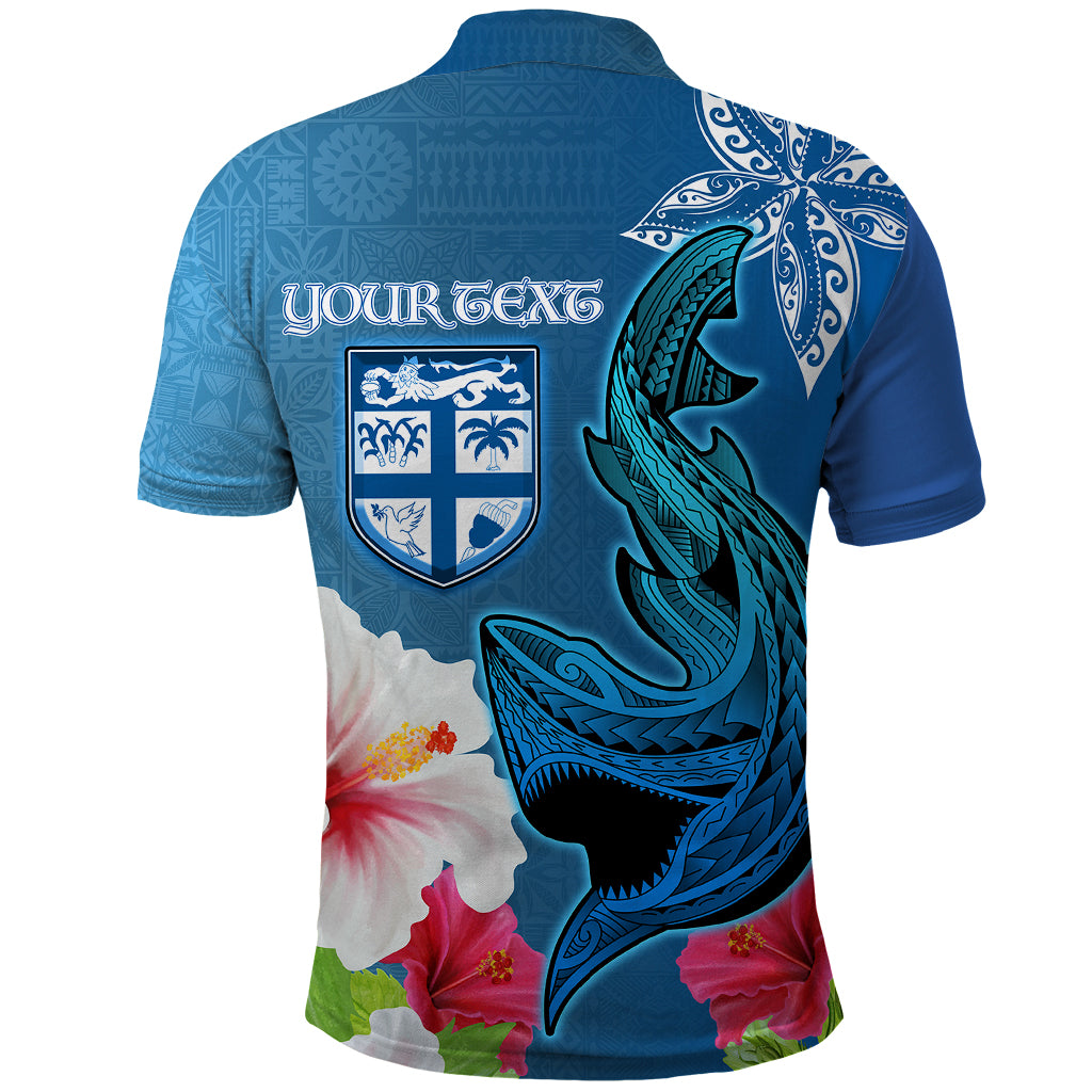 Custom Polynesian Fiji Polo Shirt Shark and Hibiscus Tapa Pattern Blue Version LT03 - Polynesian Pride