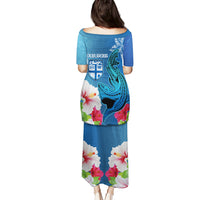 Custom Polynesian Fiji Puletasi Shark and Hibiscus Tapa Pattern Blue Version LT03 - Polynesian Pride