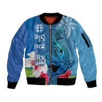 Custom Polynesian Fiji Sleeve Zip Bomber Jacket Shark and Hibiscus Tapa Pattern Blue Version LT03 Unisex Blue - Polynesian Pride