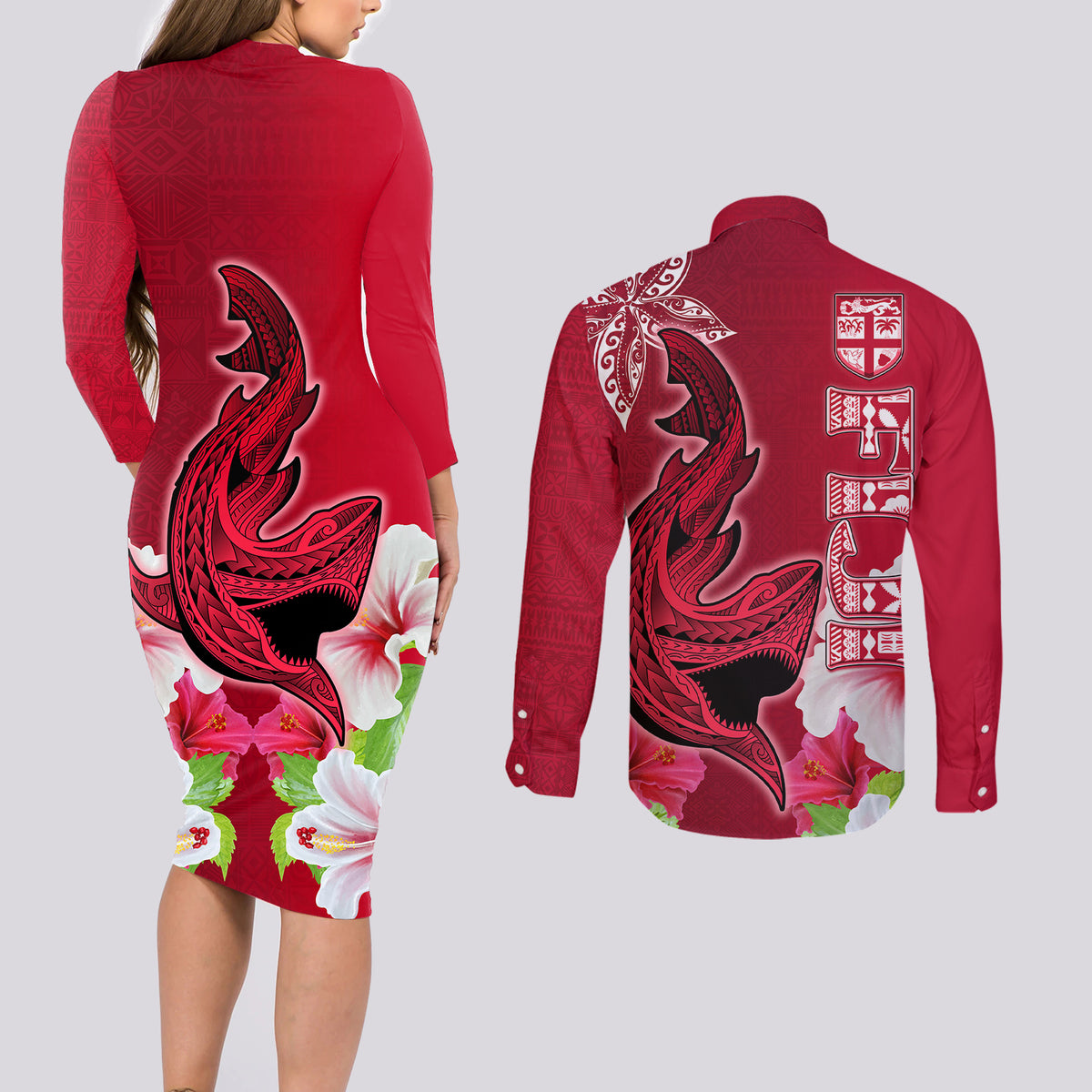 Polynesian Fiji Couples Matching Long Sleeve Bodycon Dress and Long Sleeve Button Shirts Shark and Hibiscus Tapa Pattern Red Version LT03 - Polynesian Pride