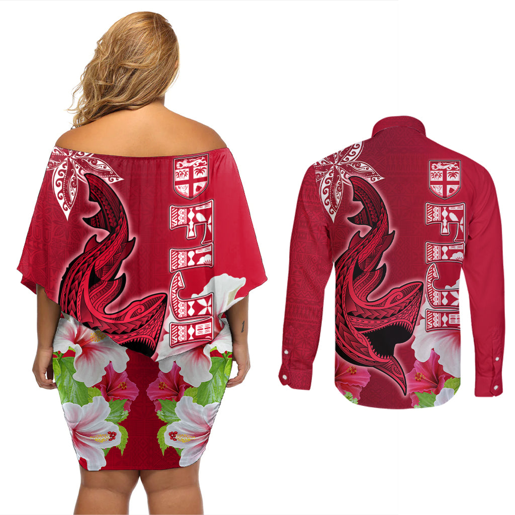 Polynesian Fiji Couples Matching Off Shoulder Short Dress and Long Sleeve Button Shirts Shark and Hibiscus Tapa Pattern Red Version LT03 - Polynesian Pride