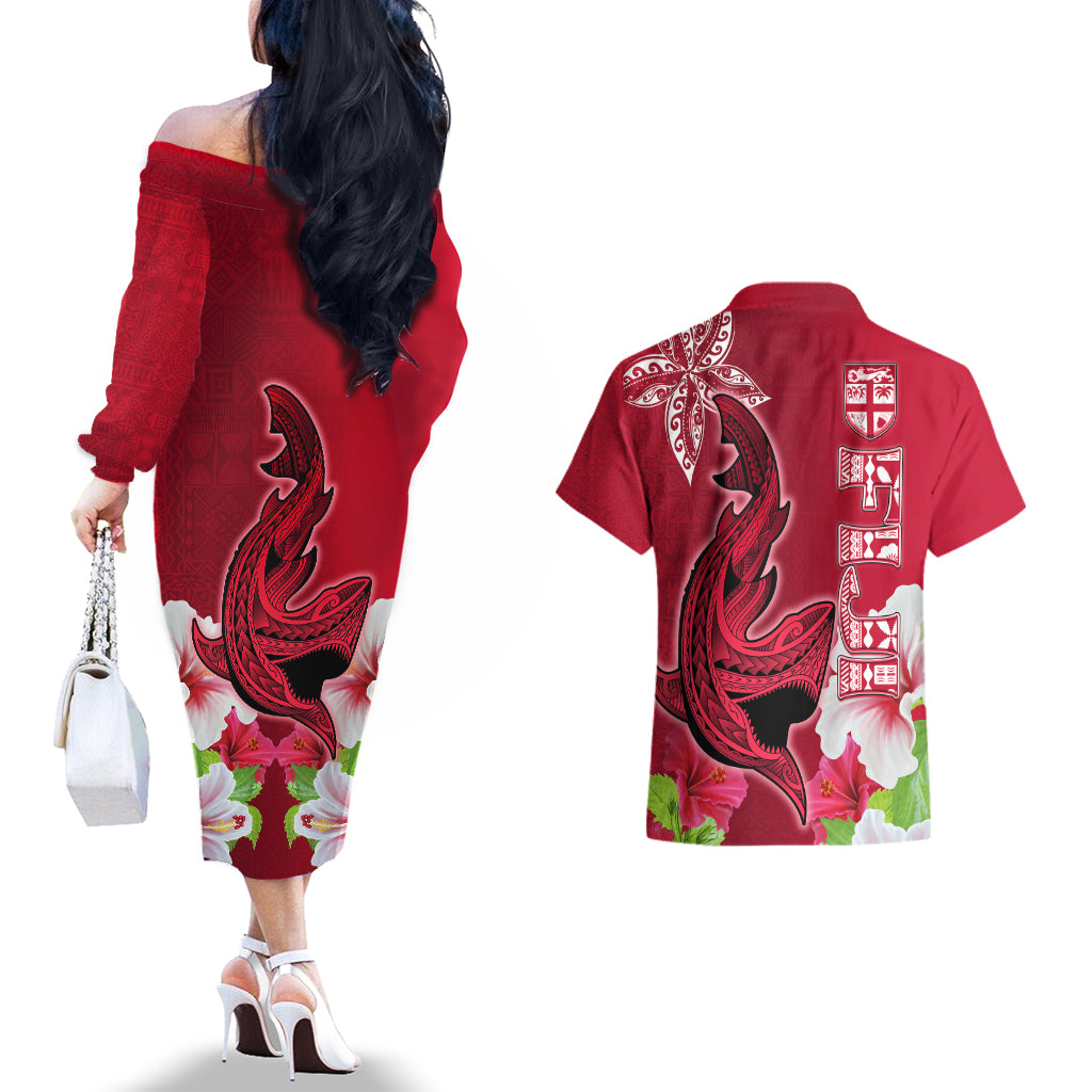 Polynesian Fiji Couples Matching Off The Shoulder Long Sleeve Dress and Hawaiian Shirt Shark and Hibiscus Tapa Pattern Red Version LT03 - Polynesian Pride