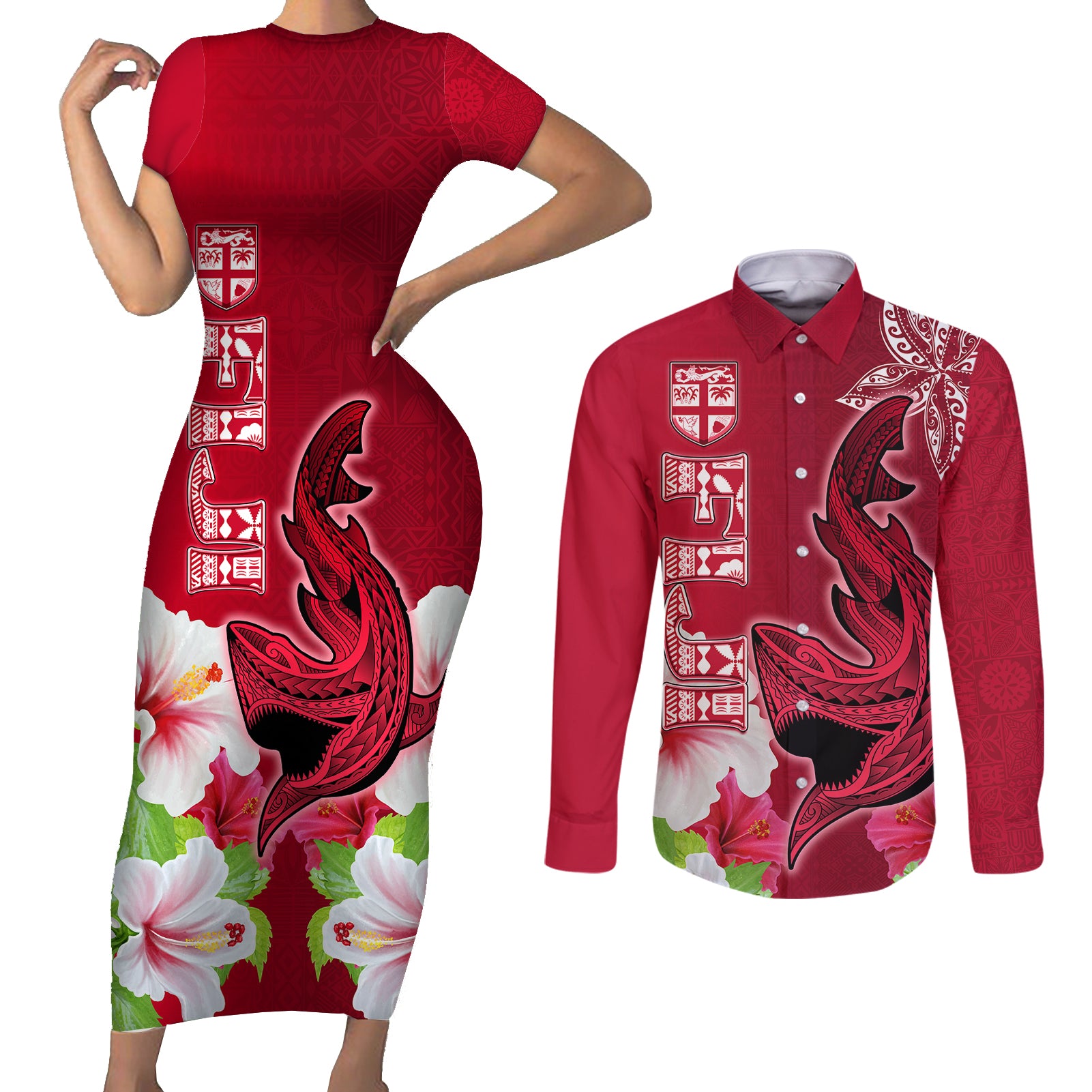Polynesian Fiji Couples Matching Short Sleeve Bodycon Dress and Long Sleeve Button Shirts Shark and Hibiscus Tapa Pattern Red Version LT03 Red - Polynesian Pride