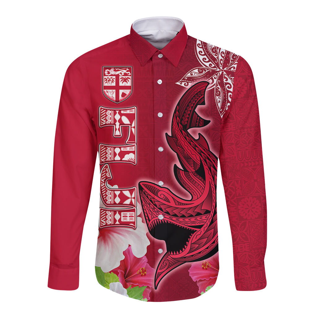 Polynesian Fiji Long Sleeve Button Shirt Shark and Hibiscus Tapa Pattern Red Version LT03 Unisex Red - Polynesian Pride