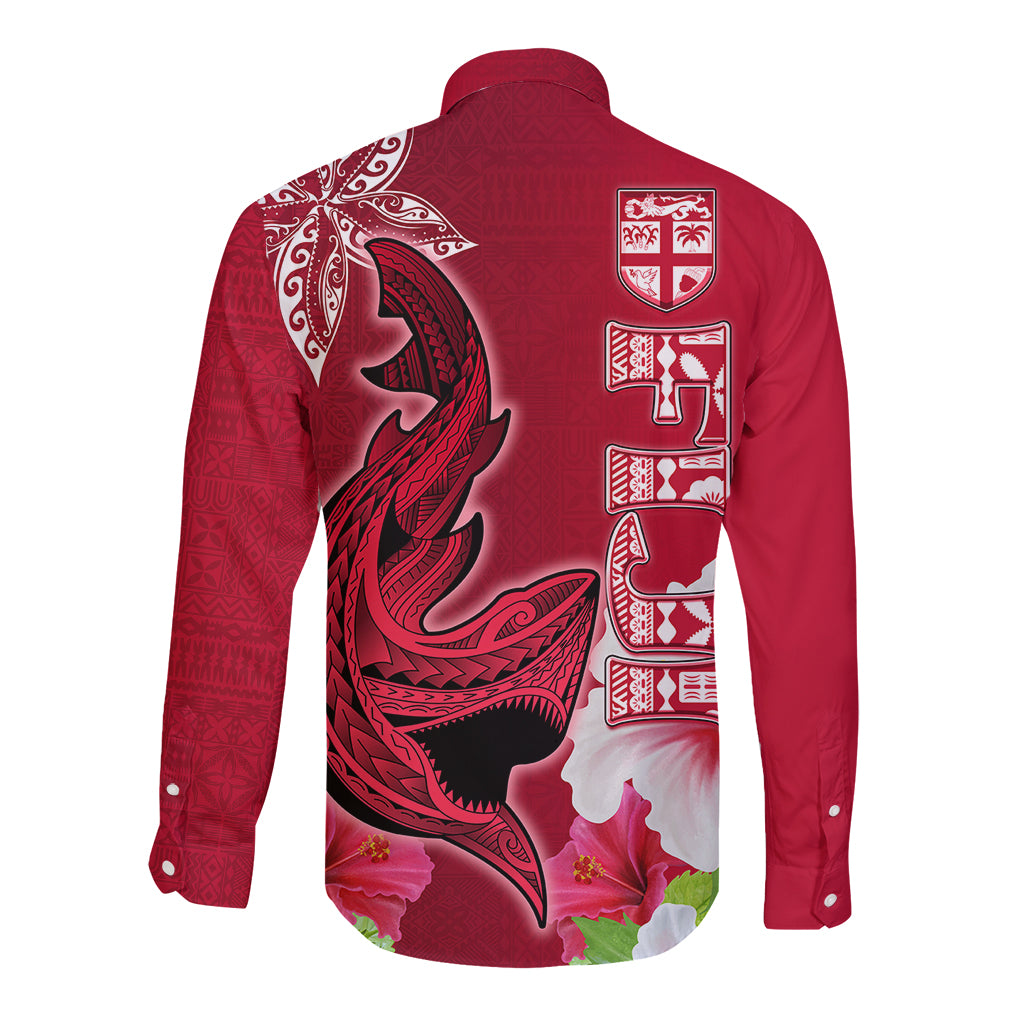 Polynesian Fiji Long Sleeve Button Shirt Shark and Hibiscus Tapa Pattern Red Version LT03 - Polynesian Pride
