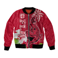 Custom Polynesian Fiji Bomber Jacket Shark and Hibiscus Tapa Pattern Red Version LT03 Unisex Red - Polynesian Pride