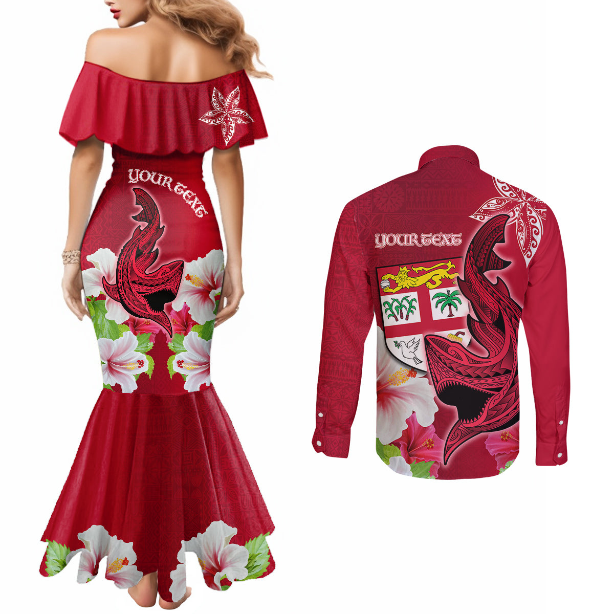 Custom Polynesian Fiji Couples Matching Mermaid Dress and Long Sleeve Button Shirts Shark and Hibiscus Tapa Pattern Red Version LT03 - Polynesian Pride
