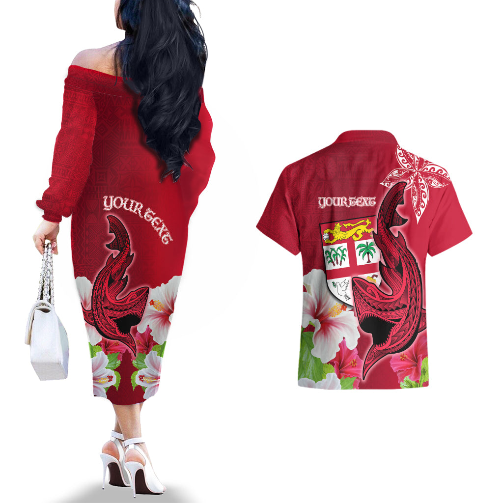 Custom Polynesian Fiji Couples Matching Off The Shoulder Long Sleeve Dress and Hawaiian Shirt Shark and Hibiscus Tapa Pattern Red Version LT03 - Polynesian Pride
