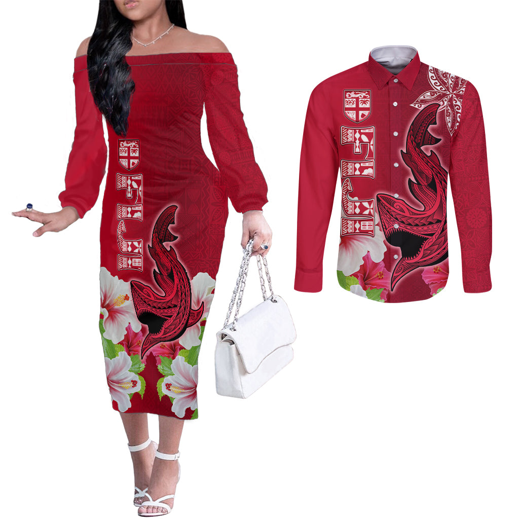 Custom Polynesian Fiji Couples Matching Off The Shoulder Long Sleeve Dress and Long Sleeve Button Shirts Shark and Hibiscus Tapa Pattern Red Version LT03 Red - Polynesian Pride