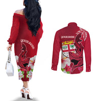 Custom Polynesian Fiji Couples Matching Off The Shoulder Long Sleeve Dress and Long Sleeve Button Shirts Shark and Hibiscus Tapa Pattern Red Version LT03 - Polynesian Pride