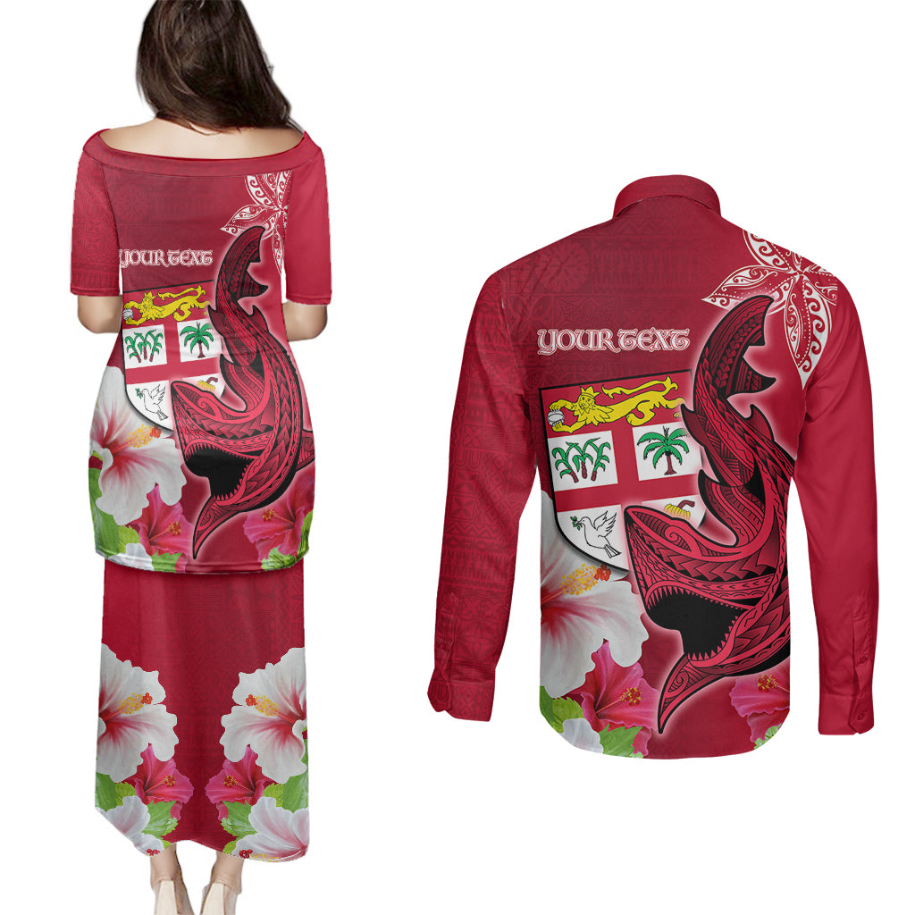 Custom Polynesian Fiji Couples Matching Puletasi Dress and Long Sleeve Button Shirts Shark and Hibiscus Tapa Pattern Red Version LT03 - Polynesian Pride