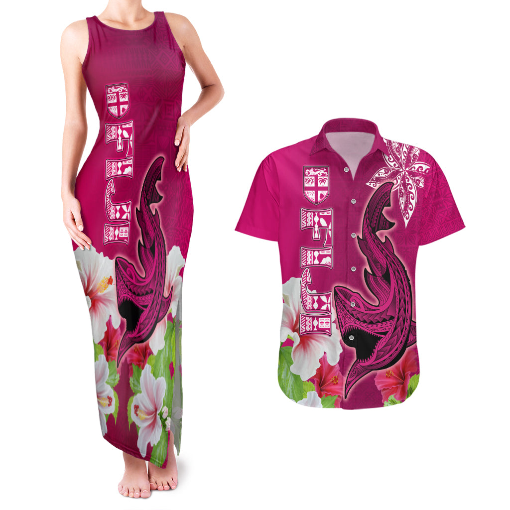 Polynesian Fiji Couples Matching Tank Maxi Dress and Hawaiian Shirt Shark and Hibiscus Tapa Pattern Purple Version LT03 Pink - Polynesian Pride