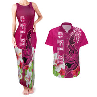 Polynesian Fiji Couples Matching Tank Maxi Dress and Hawaiian Shirt Shark and Hibiscus Tapa Pattern Purple Version LT03 Pink - Polynesian Pride