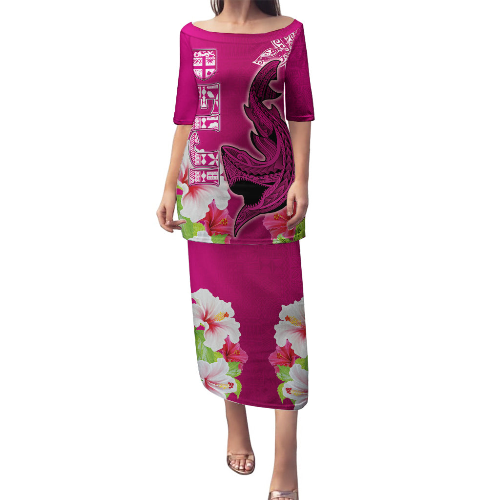 Polynesian Fiji Puletasi Shark and Hibiscus Tapa Pattern Purple Version LT03 Long Dress Pink - Polynesian Pride