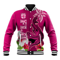 Custom Polynesian Fiji Baseball Jacket Shark and Hibiscus Tapa Pattern Purple Version LT03 Unisex Pink - Polynesian Pride