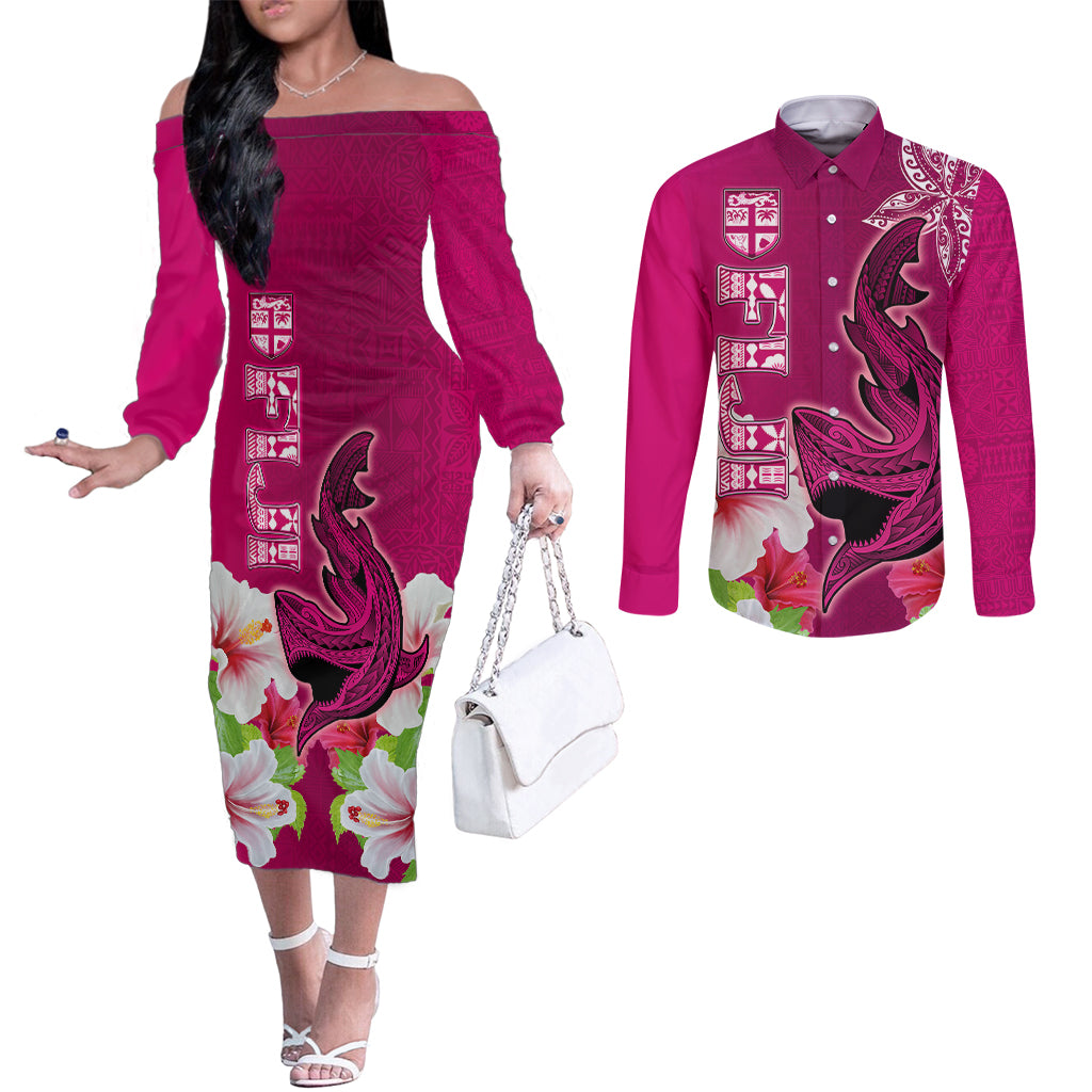 Custom Polynesian Fiji Couples Matching Off The Shoulder Long Sleeve Dress and Long Sleeve Button Shirts Shark and Hibiscus Tapa Pattern Purple Version LT03 Pink - Polynesian Pride