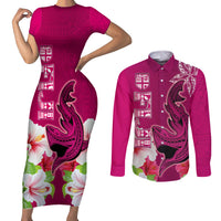 Custom Polynesian Fiji Couples Matching Short Sleeve Bodycon Dress and Long Sleeve Button Shirts Shark and Hibiscus Tapa Pattern Purple Version LT03 Pink - Polynesian Pride
