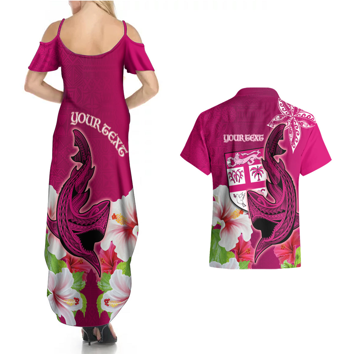 Custom Polynesian Fiji Couples Matching Summer Maxi Dress and Hawaiian Shirt Shark and Hibiscus Tapa Pattern Purple Version LT03 - Polynesian Pride