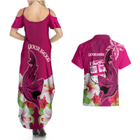 Custom Polynesian Fiji Couples Matching Summer Maxi Dress and Hawaiian Shirt Shark and Hibiscus Tapa Pattern Purple Version LT03 - Polynesian Pride