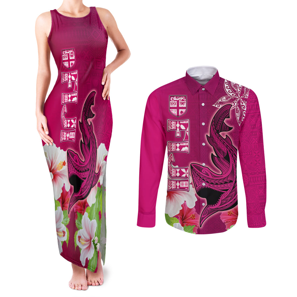Custom Polynesian Fiji Couples Matching Tank Maxi Dress and Long Sleeve Button Shirts Shark and Hibiscus Tapa Pattern Purple Version LT03 Pink - Polynesian Pride