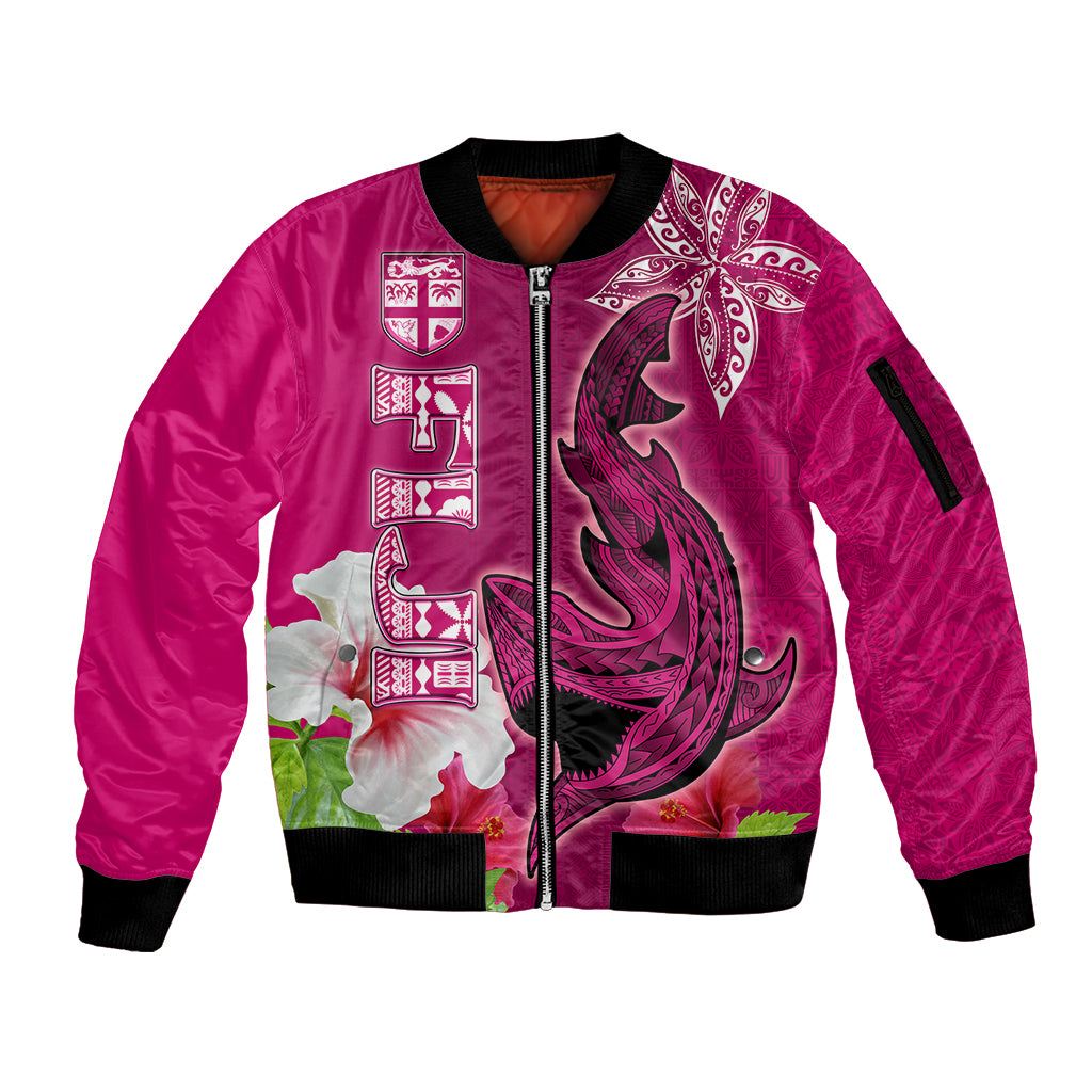 Custom Polynesian Fiji Sleeve Zip Bomber Jacket Shark and Hibiscus Tapa Pattern Purple Version LT03 Unisex Pink - Polynesian Pride