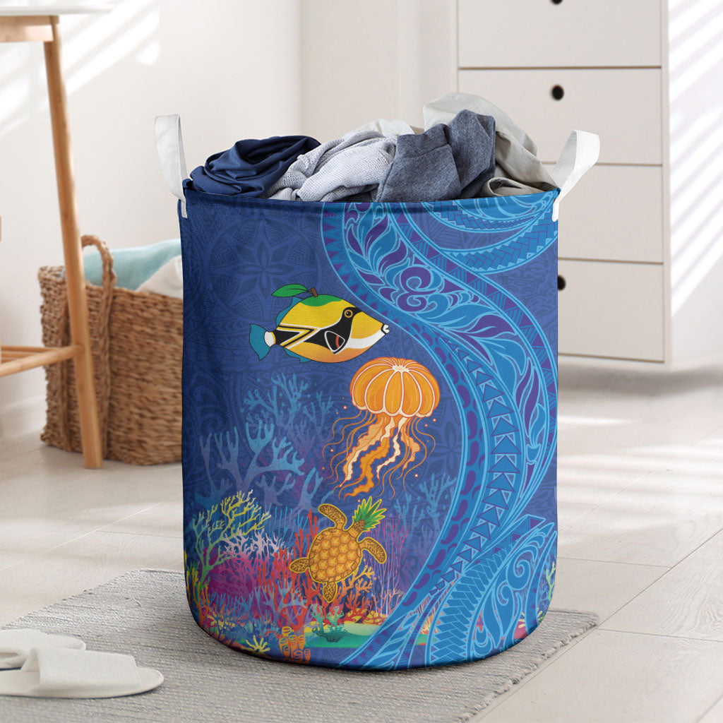 Hawaiian Funny Fruits Sea Animals Laundry Basket Mango Reef Triggerfish and Pineapple Turtle and Mandarin Jellyfish LT03 Blue - Polynesian Pride