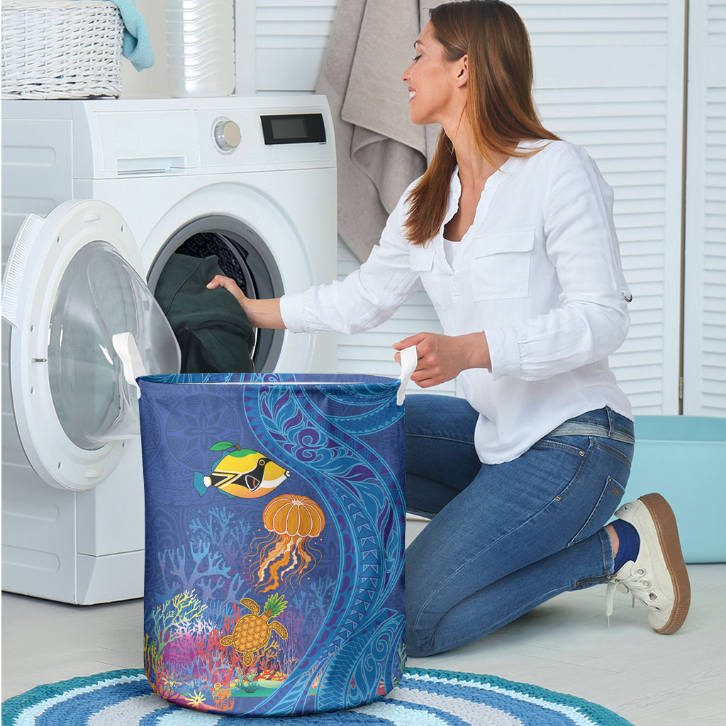Hawaiian Funny Fruits Sea Animals Laundry Basket Mango Reef Triggerfish and Pineapple Turtle and Mandarin Jellyfish LT03 - Polynesian Pride