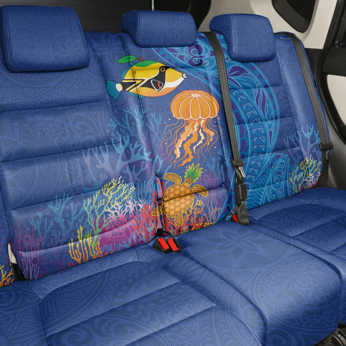 Hawaiian Funny Fruits Sea Animals Back Car Seat Cover Mango Reef Triggerfish and Pineapple Turtle and Mandarin Jellyfish LT03 - Polynesian Pride