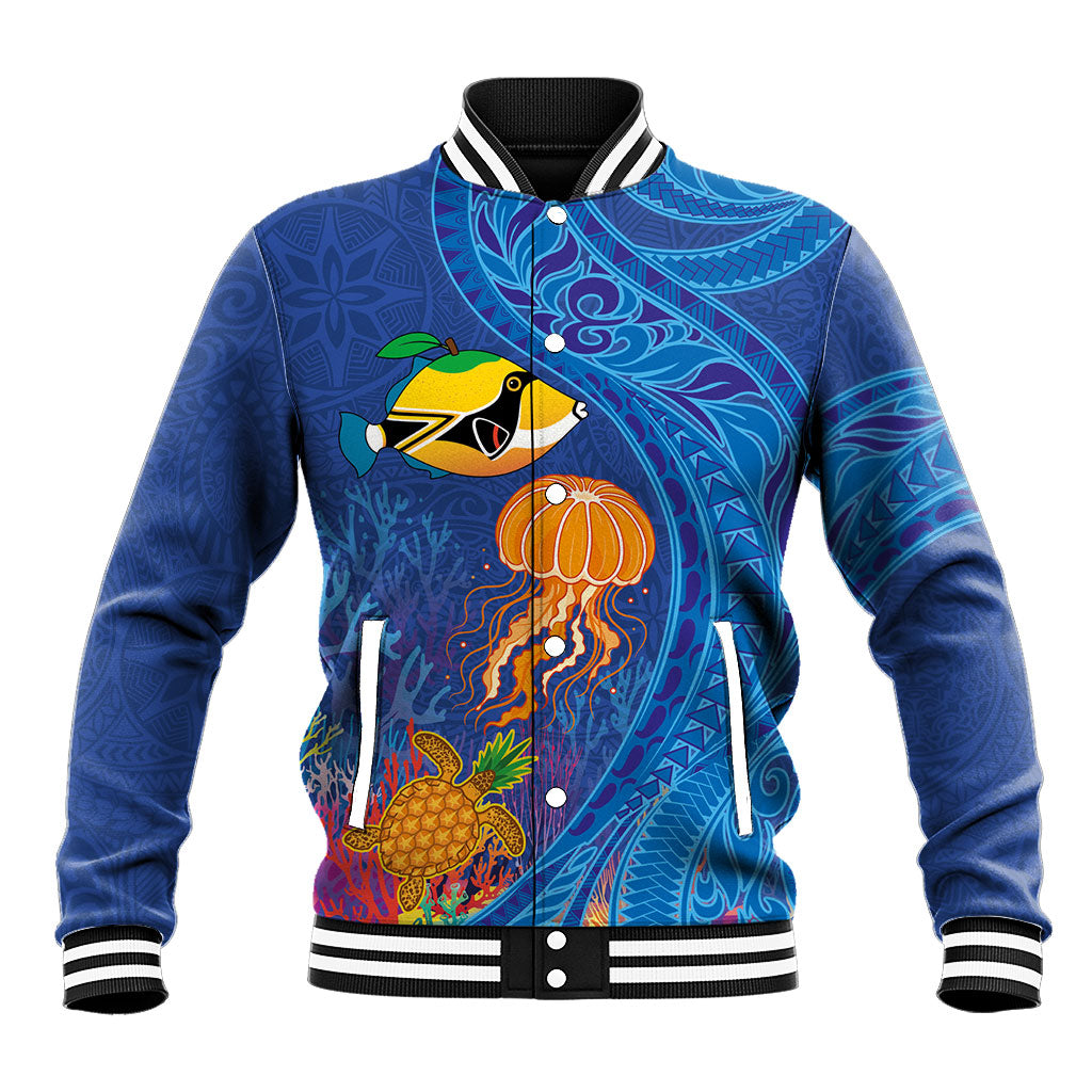 Hawaiian Funny Fruits Sea Animals Baseball Jacket Mango Reef Triggerfish and Pineapple Turtle and Mandarin Jellyfish