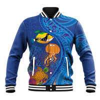 Hawaiian Funny Fruits Sea Animals Baseball Jacket Mango Reef Triggerfish and Pineapple Turtle and Mandarin Jellyfish