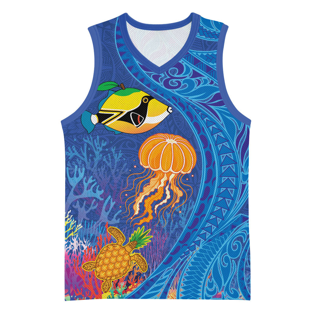 Hawaiian Funny Fruits Sea Animals Basketball Jersey Mango Reef Triggerfish and Pineapple Turtle and Mandarin Jellyfish LT03 Unisex Blue - Polynesian Pride