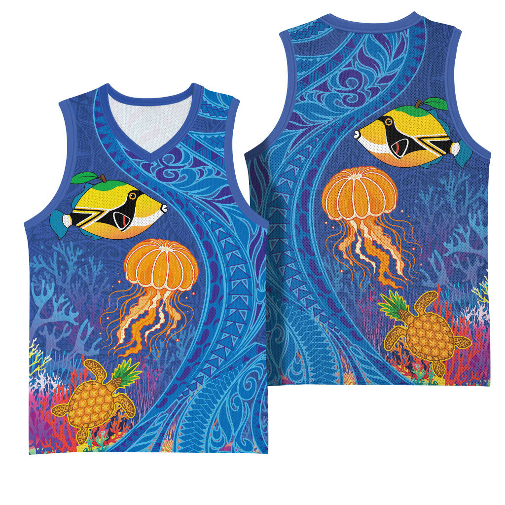 Hawaiian Funny Fruits Sea Animals Basketball Jersey Mango Reef Triggerfish and Pineapple Turtle and Mandarin Jellyfish LT03 - Polynesian Pride