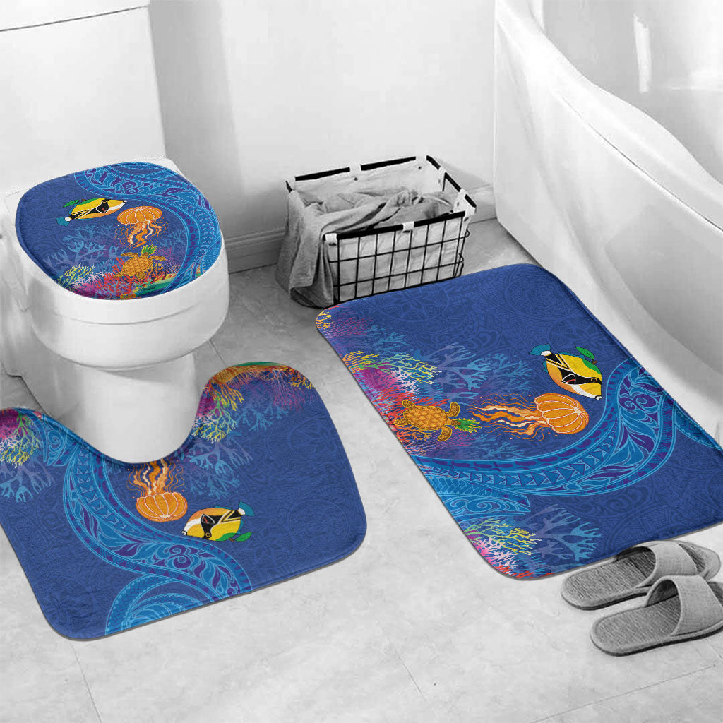 Hawaiian Funny Fruits Sea Animals Bathroom Set Mango Reef Triggerfish and Pineapple Turtle and Mandarin Jellyfish LT03 Mat Set Only (3 pcs) One Size Blue - Polynesian Pride
