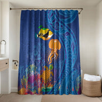 Hawaiian Funny Fruits Sea Animals Bathroom Set Mango Reef Triggerfish and Pineapple Turtle and Mandarin Jellyfish LT03 Shower Curtain Only Blue - Polynesian Pride