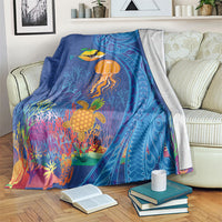 Hawaiian Funny Fruits Sea Animals Blanket Mango Reef Triggerfish and Pineapple Turtle and Mandarin Jellyfish LT03 Blue - Polynesian Pride
