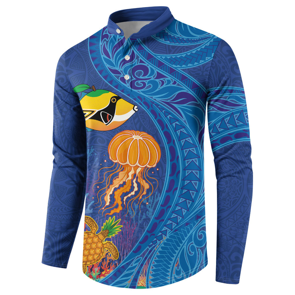 Hawaiian Funny Fruits Sea Animals Button Sweatshirt Mango Reef Triggerfish and Pineapple Turtle and Mandarin Jellyfish LT03 - Polynesian Pride