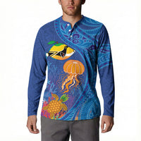 Hawaiian Funny Fruits Sea Animals Button Sweatshirt Mango Reef Triggerfish and Pineapple Turtle and Mandarin Jellyfish LT03 - Polynesian Pride