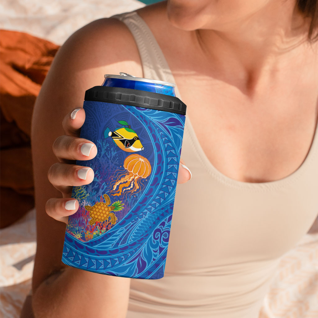 Hawaiian Funny Fruits Sea Animals 4 in 1 Can Cooler Tumbler Mango Reef Triggerfish and Pineapple Turtle and Mandarin Jellyfish LT03 - Polynesian Pride