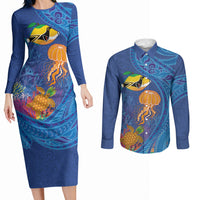 Hawaiian Funny Fruits Sea Animals Couples Matching Long Sleeve Bodycon Dress and Long Sleeve Button Shirt Mango Reef Triggerfish and Pineapple Turtle and Mandarin Jellyfish LT03 Blue - Polynesian Pride