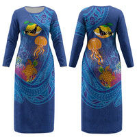 Hawaiian Funny Fruits Sea Animals Couples Matching Long Sleeve Bodycon Dress and Long Sleeve Button Shirt Mango Reef Triggerfish and Pineapple Turtle and Mandarin Jellyfish LT03 - Polynesian Pride