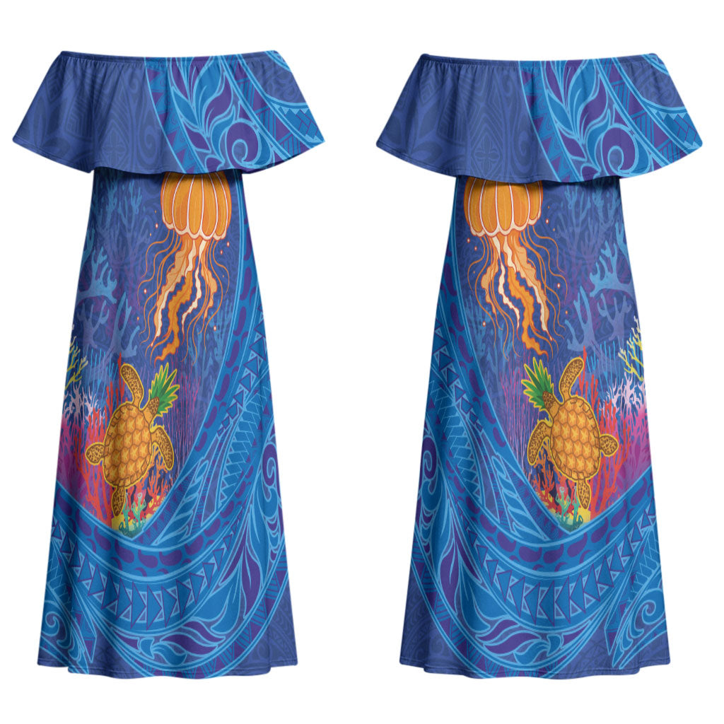 Hawaiian Funny Fruits Sea Animals Couples Matching Off Shoulder Maxi Dress and Hawaiian Shirt Mango Reef Triggerfish and Pineapple Turtle and Mandarin Jellyfish LT03 - Polynesian Pride