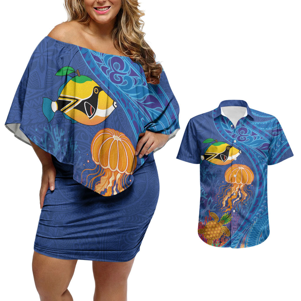 Hawaiian Funny Fruits Sea Animals Couples Matching Off Shoulder Short Dress and Hawaiian Shirt Mango Reef Triggerfish and Pineapple Turtle and Mandarin Jellyfish LT03 Blue - Polynesian Pride