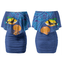 Hawaiian Funny Fruits Sea Animals Couples Matching Off Shoulder Short Dress and Hawaiian Shirt Mango Reef Triggerfish and Pineapple Turtle and Mandarin Jellyfish LT03 - Polynesian Pride