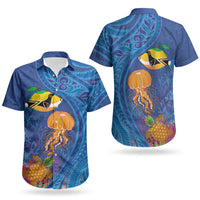 Hawaiian Funny Fruits Sea Animals Couples Matching Off Shoulder Short Dress and Hawaiian Shirt Mango Reef Triggerfish and Pineapple Turtle and Mandarin Jellyfish LT03 - Polynesian Pride