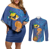 Hawaiian Funny Fruits Sea Animals Couples Matching Off Shoulder Short Dress and Long Sleeve Button Shirt Mango Reef Triggerfish and Pineapple Turtle and Mandarin Jellyfish LT03 Blue - Polynesian Pride