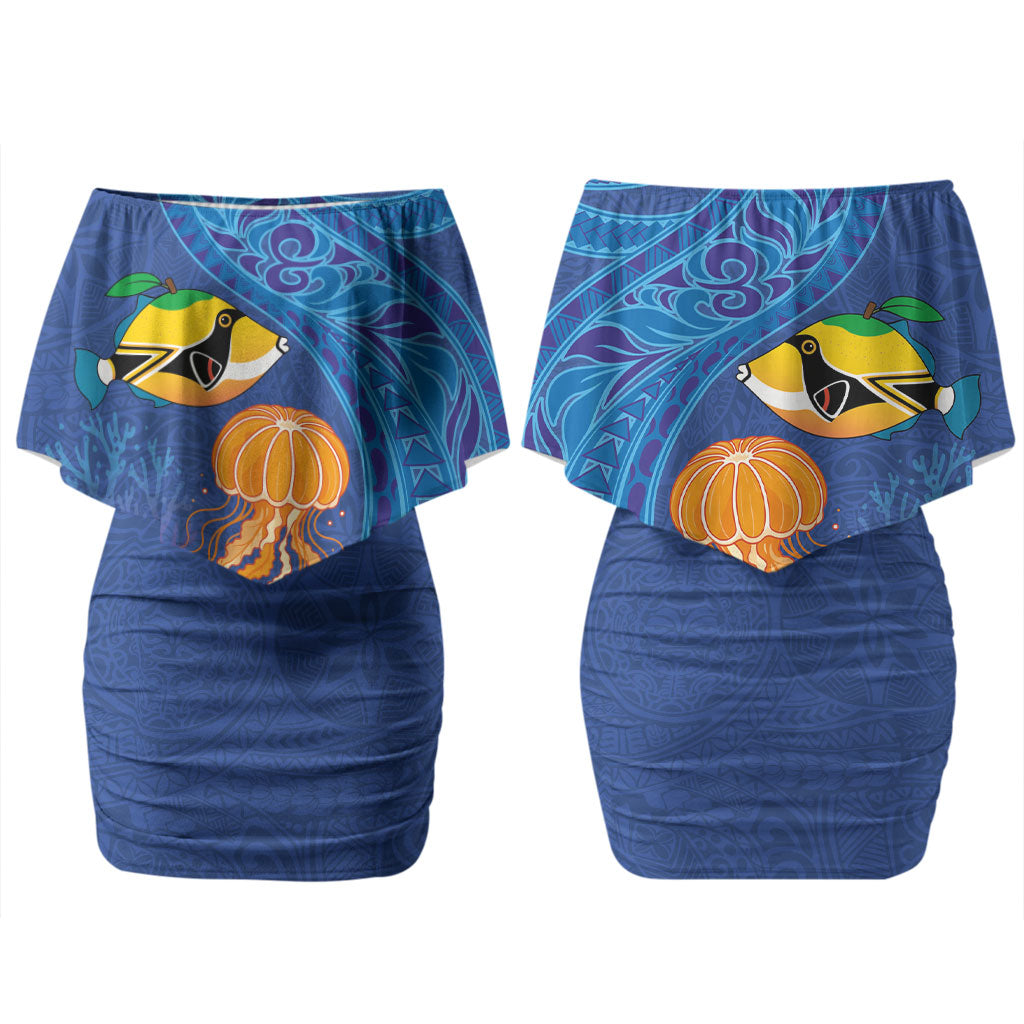 Hawaiian Funny Fruits Sea Animals Couples Matching Off Shoulder Short Dress and Long Sleeve Button Shirt Mango Reef Triggerfish and Pineapple Turtle and Mandarin Jellyfish LT03 - Polynesian Pride
