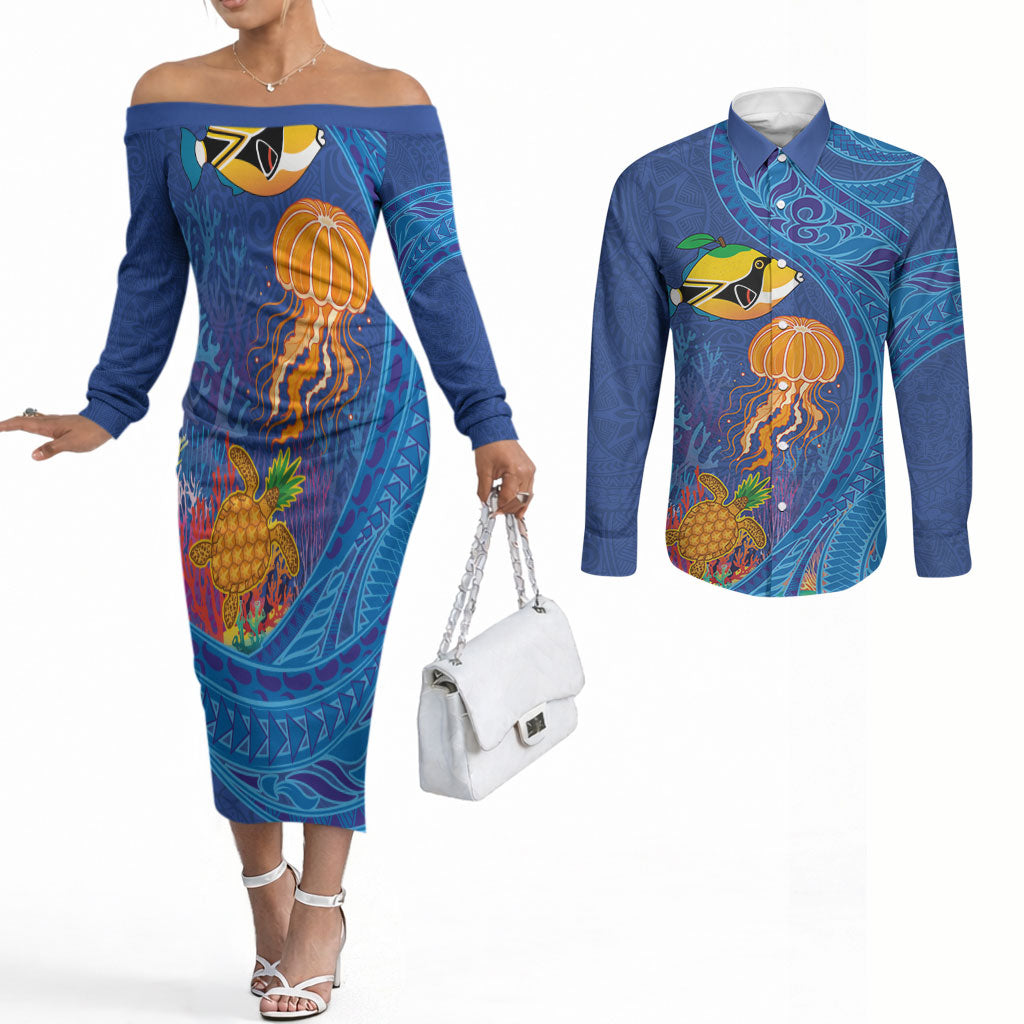 Hawaiian Funny Fruits Sea Animals Couples Matching Off The Shoulder Long Sleeve Dress and Long Sleeve Button Shirt Mango Reef Triggerfish and Pineapple Turtle and Mandarin Jellyfish LT03 Blue - Polynesian Pride