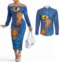 Hawaiian Funny Fruits Sea Animals Couples Matching Off The Shoulder Long Sleeve Dress and Long Sleeve Button Shirt Mango Reef Triggerfish and Pineapple Turtle and Mandarin Jellyfish LT03 Blue - Polynesian Pride