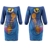Hawaiian Funny Fruits Sea Animals Couples Matching Off The Shoulder Long Sleeve Dress and Long Sleeve Button Shirt Mango Reef Triggerfish and Pineapple Turtle and Mandarin Jellyfish LT03 - Polynesian Pride