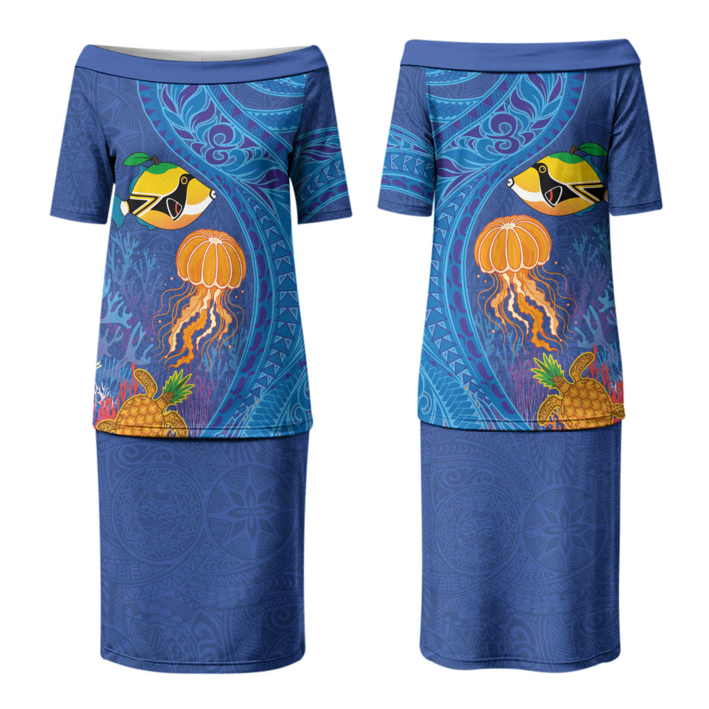 Hawaiian Funny Fruits Sea Animals Couples Matching Puletasi and Long Sleeve Button Shirt Mango Reef Triggerfish and Pineapple Turtle and Mandarin Jellyfish LT03 - Polynesian Pride